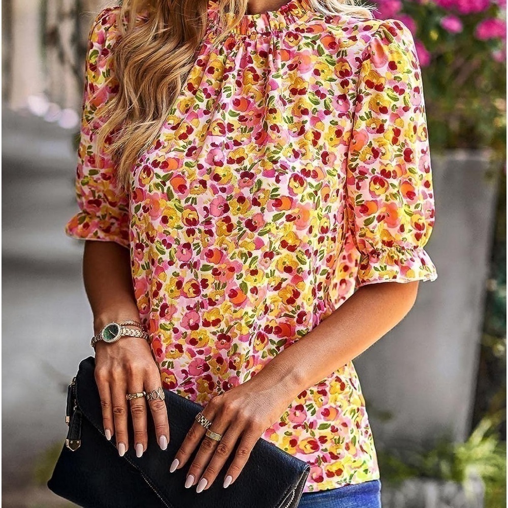 Boho Ruffle Neck Short Sleeve Frill Top - Picture 2 of 7